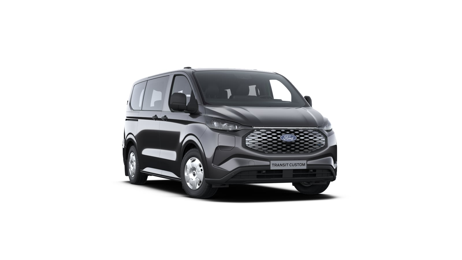Dark gray Ford E-Transit Custom Trend van, front view.