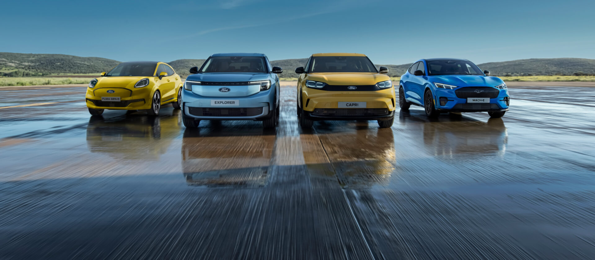 A Ford elektromos járművek modellválasztékából a Ford Puma Gen-E, Ford Explorer, Ford Capri és Ford Mustang Mach-E.