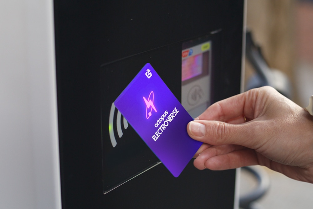 An Octopus Electrocard (RFID) being used at a public EV charging point.