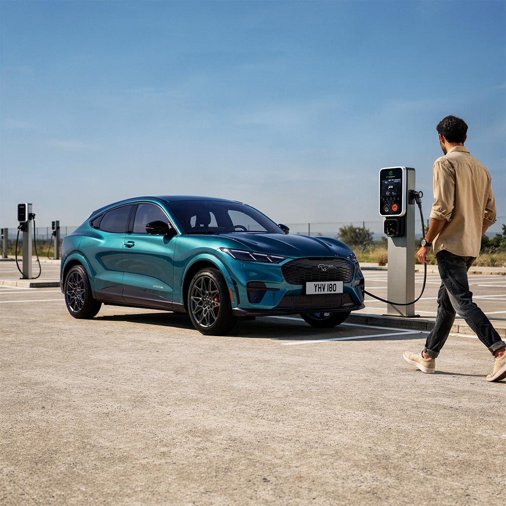 Töltőponthoz csatlakoztatott, Adriatic Blue színű Mustang Mach-E GT. Egy férfi a töltőállomás felé sétál.