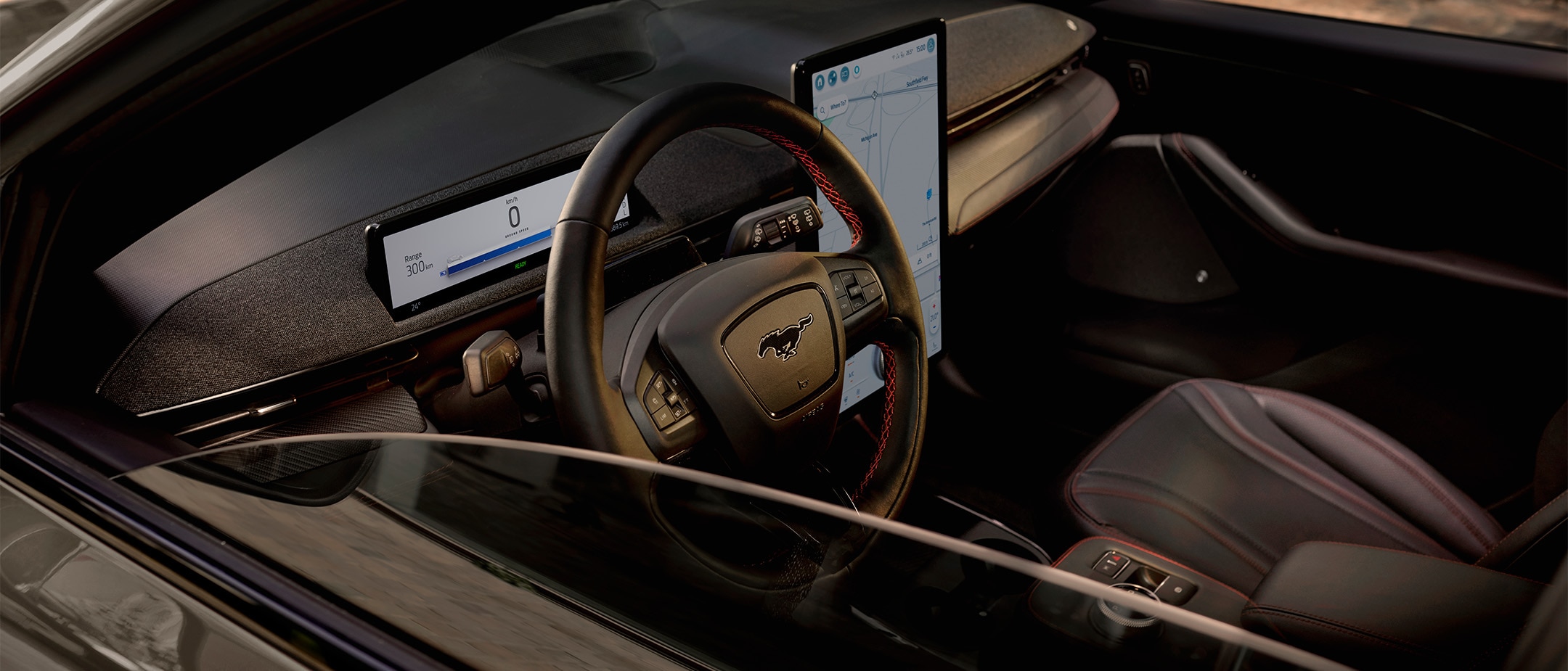 All-New Ford Mustang Mach-E interior with the steering wheel and Next Generation SYNC screen