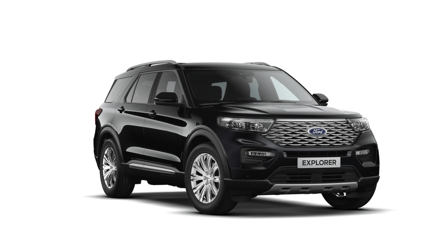 Black Ford Explorer Platinum from 3/4 front view