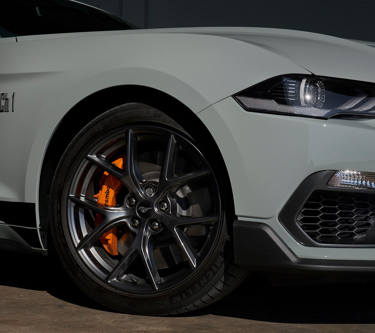 Ford Mustang Mach 1 branded grille close up