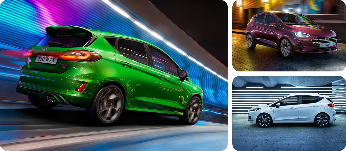 Montázs zöld Ford Fiesta ST-Line, ezüst Fiesta Active és piros Fiesta Titanium modellekkel.