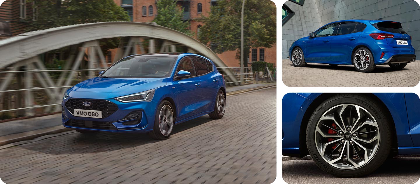 Fotómontázs, melyen egy kék Ford Focus ferdehátú  látható az úton, valamint egy közeli felvétel az alumínium keréktárcsáról.