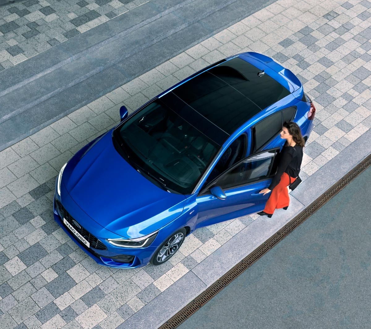 New blue Ford Focus top view of panorama roof