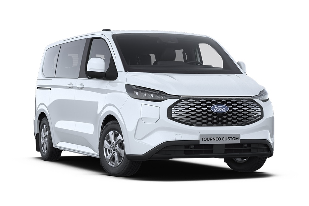 Egy fehér Ford E-Tourneo Custom Trend bal első nézetből.