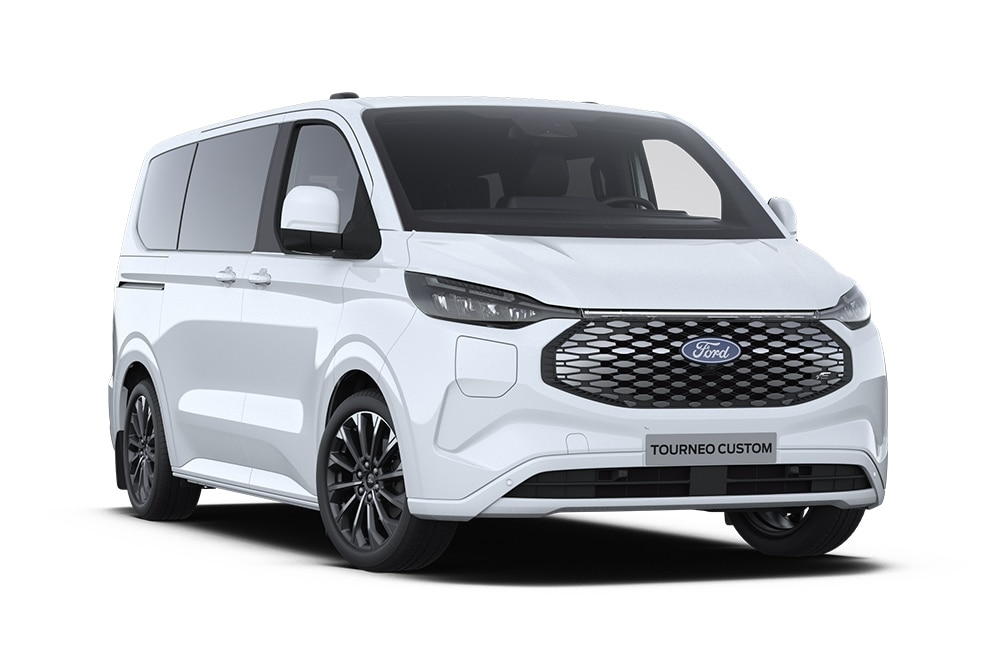 Egy fehér Ford E-Tourneo Custom Titanium X bal első nézetből.