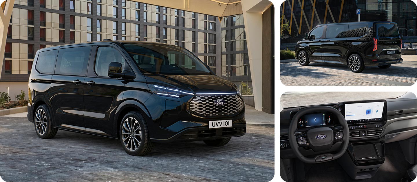 Fekete Ford E-Tourneo Custom oldal- és hátulnézetből, amint egy modern épület előtt parkol.