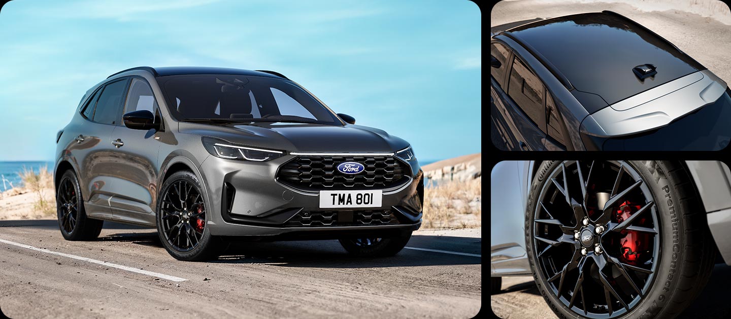Szürke Ford Kuga Black Package jármű, a 20"-os fekete könnyűfém keréktárcsák és fekete külső részletek közelképével.
