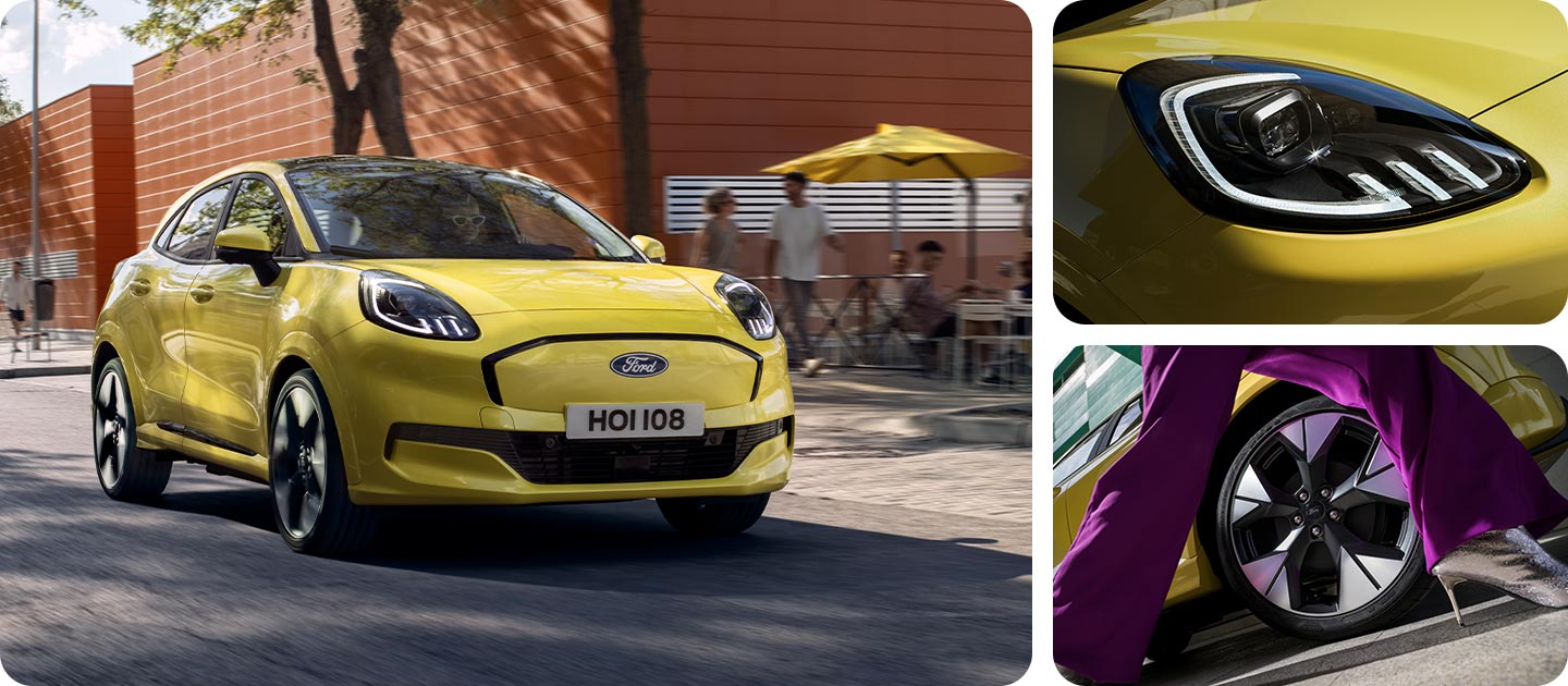 Fotósorozat közelképekkel a sárga Ford Puma Gen-E® első fényszóróiról és stílusos könnyűfém keréktárcsáiról.