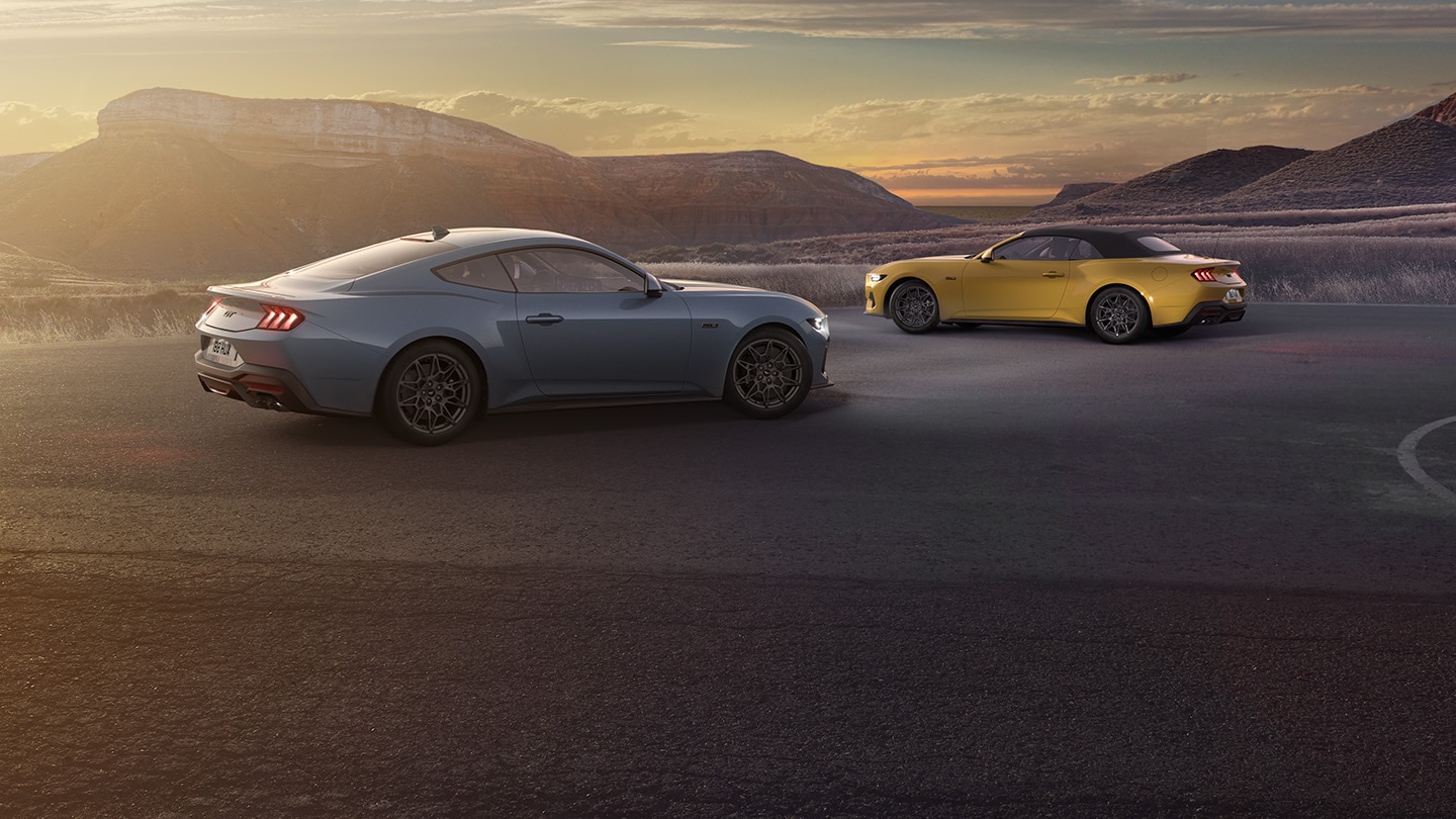 Ford Mustang Fastback and Convertibe standing side by side