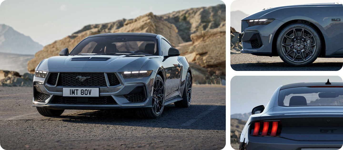 Három fotó rácsban, amelyeken egy szürke Ford Mustang GT Nite Pony Coupe látható egy hegyi úton