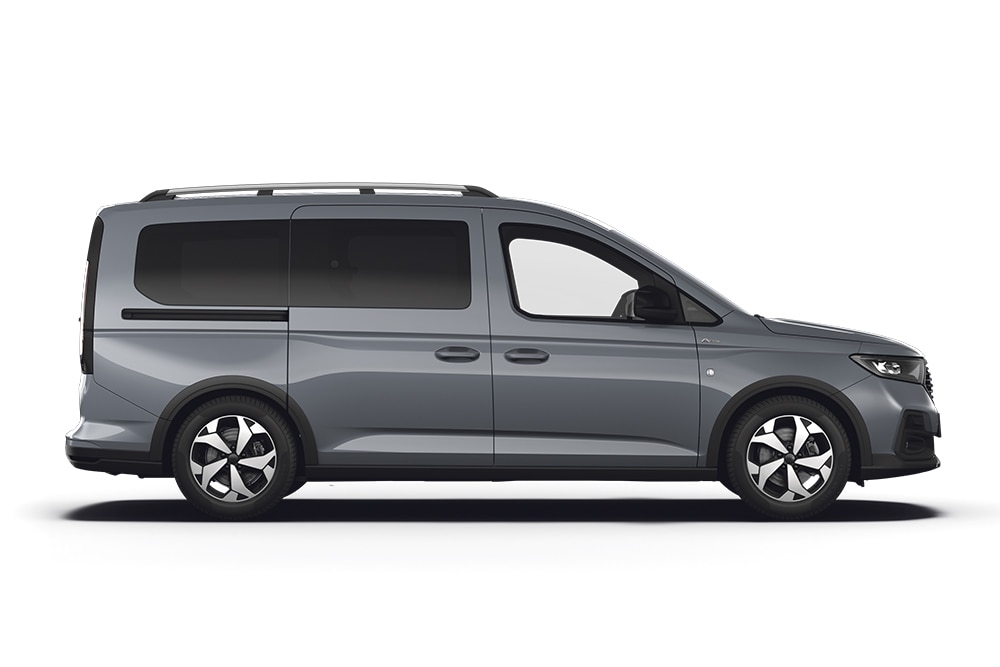 Szürke Ford Tourneo Connect, a Ford egyterű és személyszállító termékcsalád tagja.