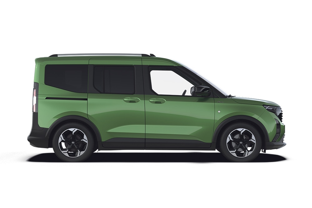 Zöld Ford Tourneo Courier, a Ford egyterű és személyszállító termékcsalád tagja.