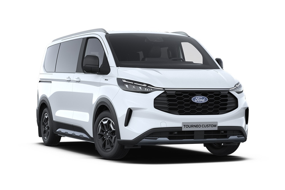 Egy fehér Ford Tourneo Custom Active bal első nézetből.