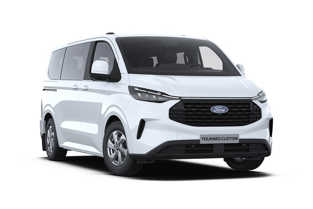 Egy fehér Ford Tourneo Custom Trend bal első nézetből.