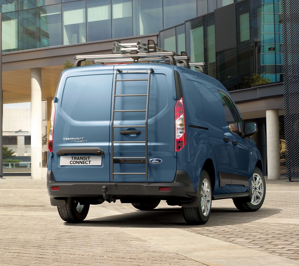 Blue Ford Transit Connect rear view