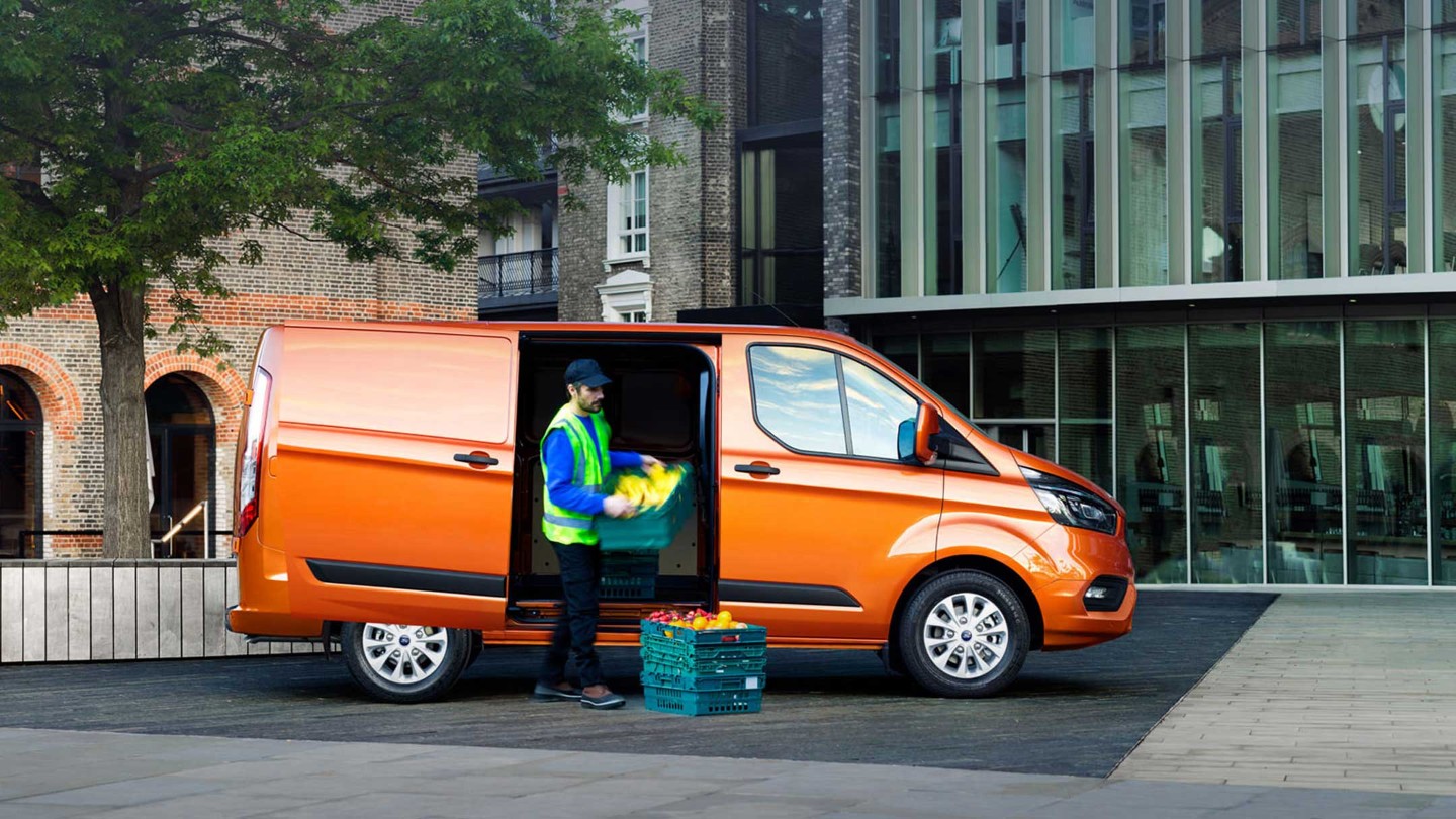 Transit Custom Van with a person doing fruit and vegetable delivery