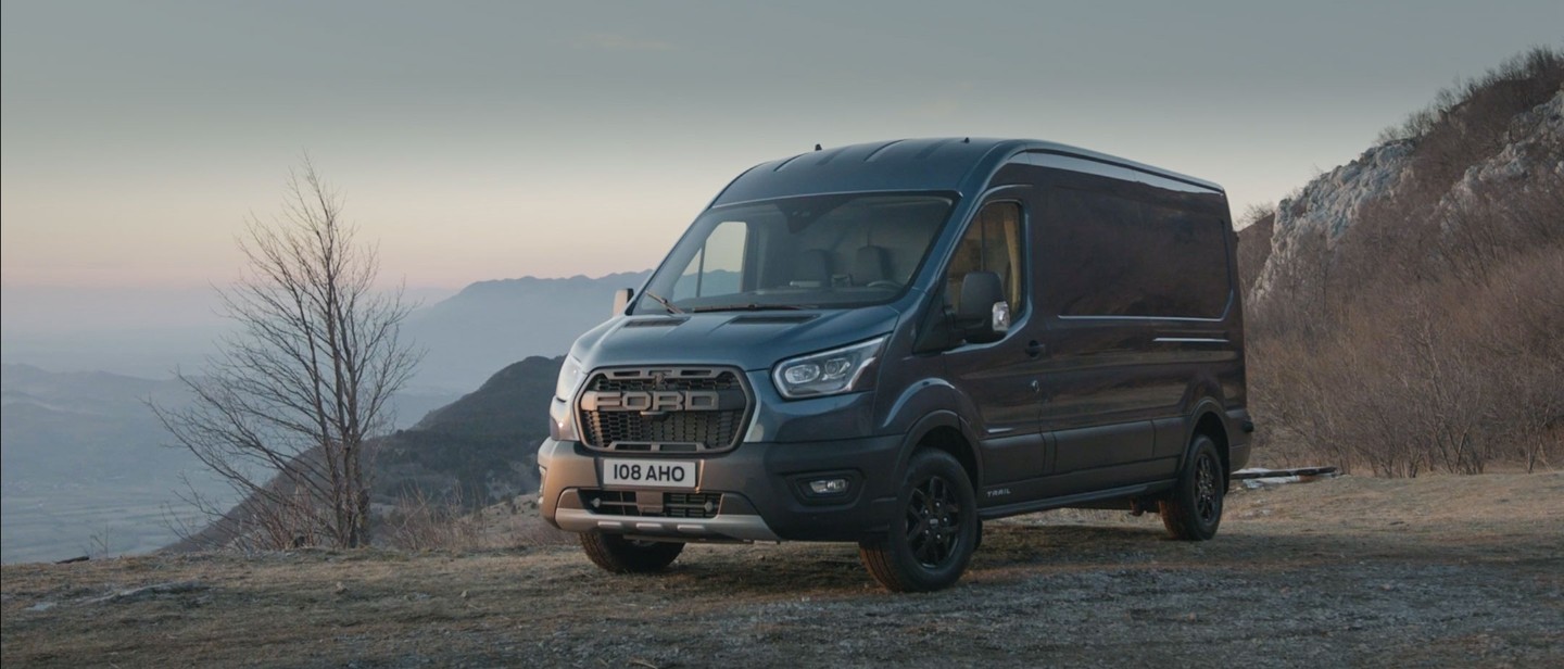 New Blue Ford Transit Van Trail parked on hill