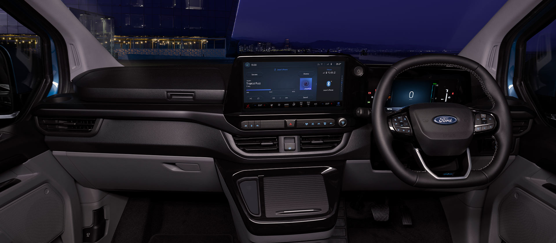 Interior of Ford E-Transit Custom electric van at night.