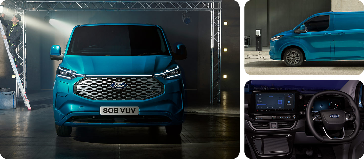 Egy kék Ford E-Transit Custom áruszállító, elölnézetből.