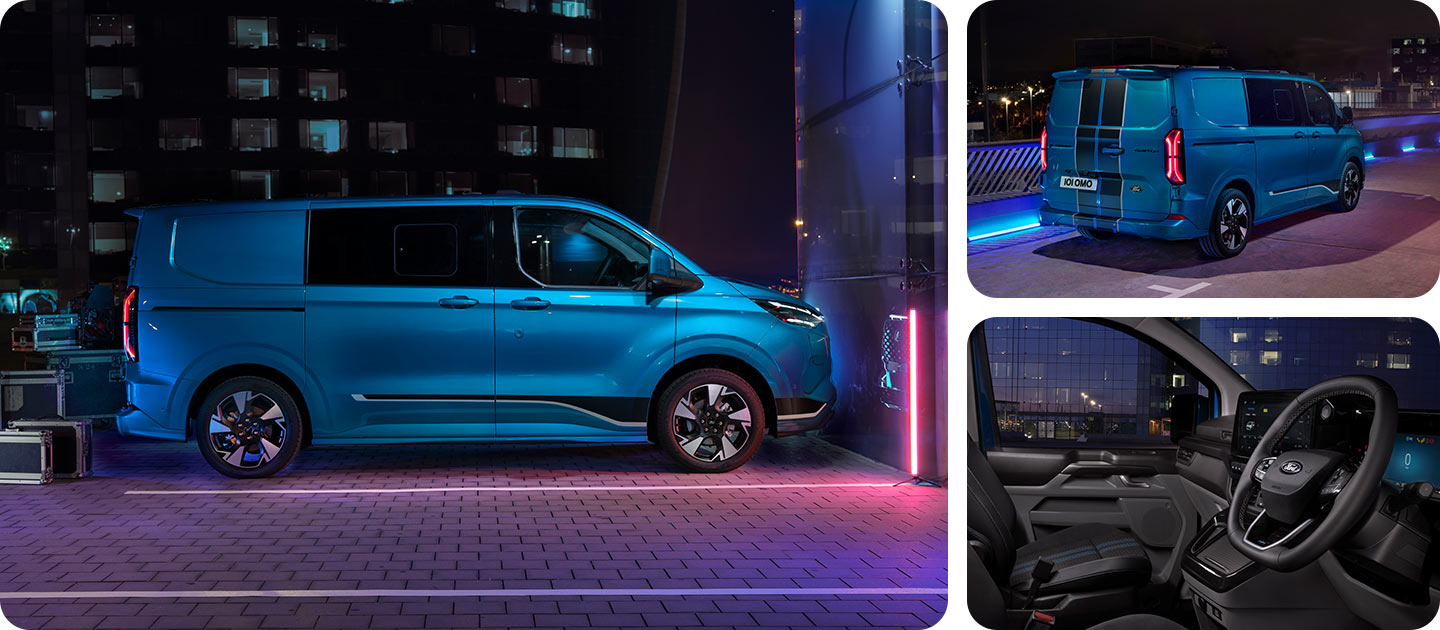 Egy kék Ford E-Transit Custom duplakabinos elektromos személyszállító, oldalnézetből, éjszaka.