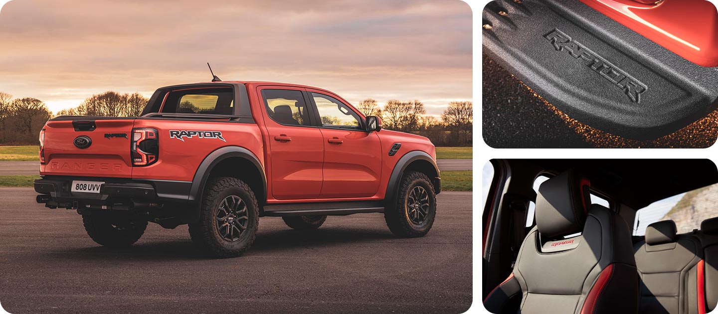 Egy Code Orange színű Ford Ranger Raptor három képből álló montázsa – félig elöl-, félig oldalnézetből, hátsó lökhárító részletének közelképe és az ülés részletének közelképe.