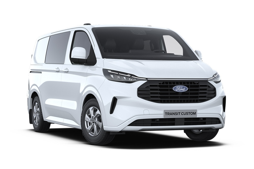 Front left angle of a white Ford Transit Custom Double Cab-in-Van on a white background. 