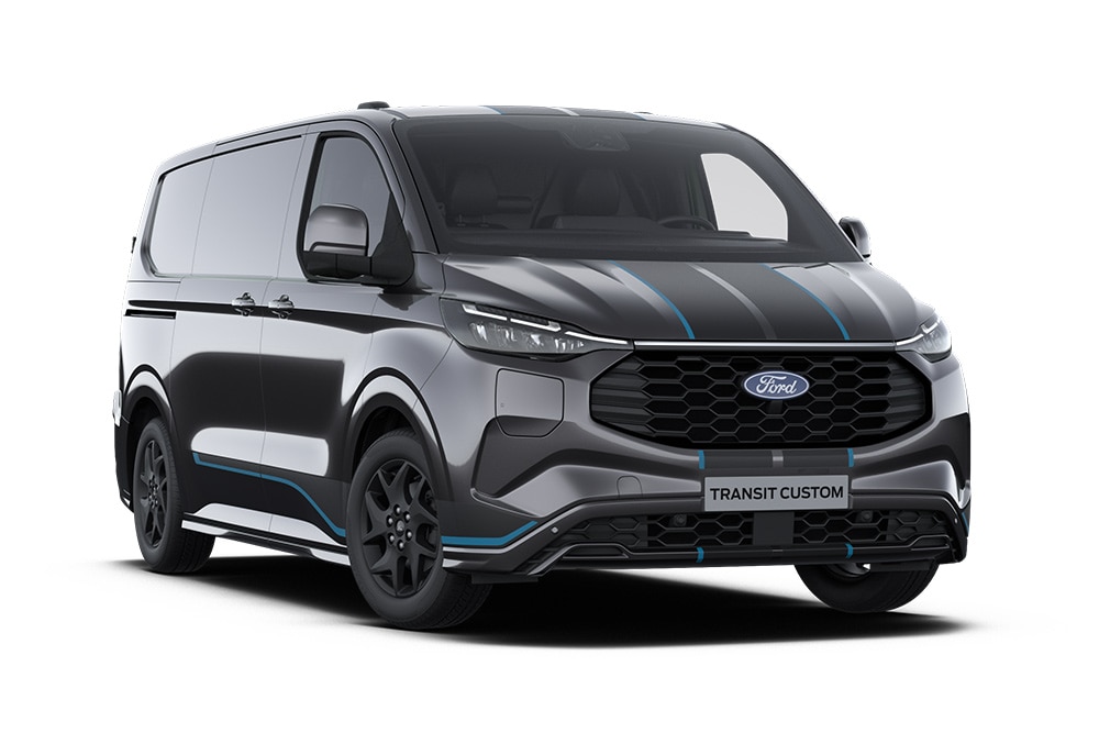 Egy sötétszürke Sport Ford Transit Custom, kék dekorcsíkokkal.