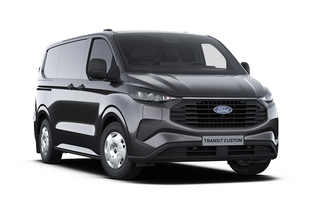 Egy sötétszürke Ford Transit Custom PHEV Trend.