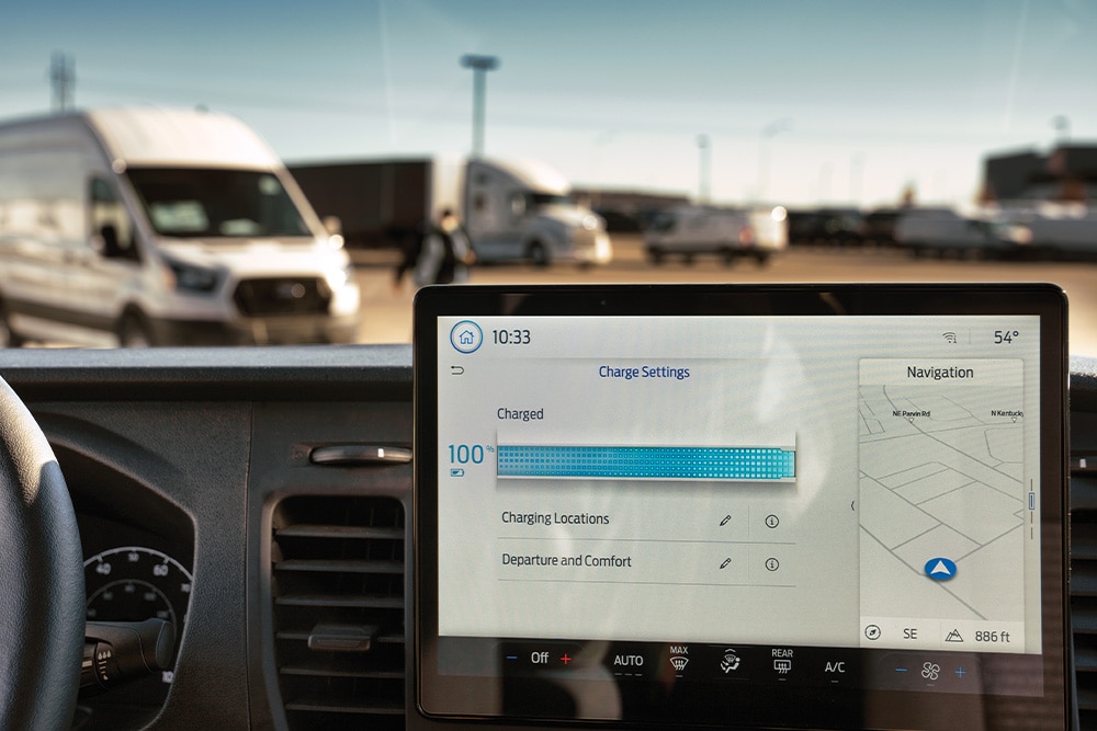 Egy Ford Transit Custom műszerfala, töltési információkkal.