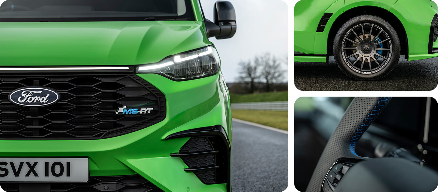 Egy zöld Ford Transit Custom MS-RT, elölnézetből.