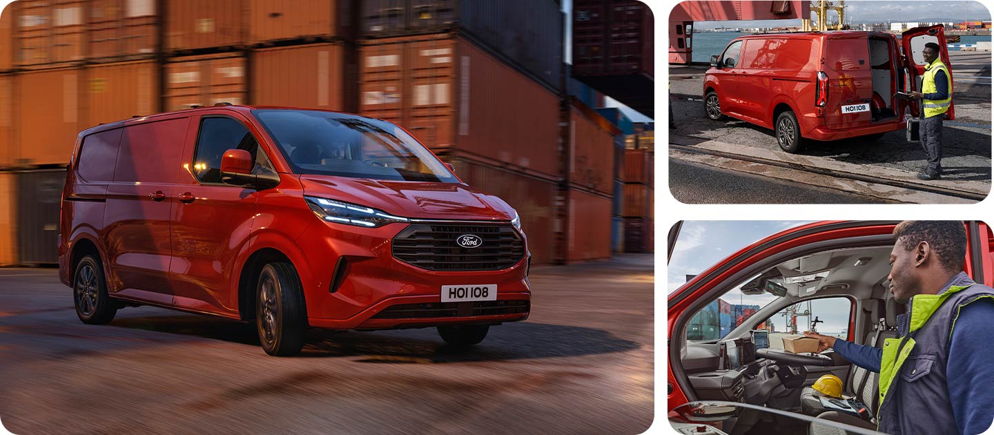 Egy piros Ford Transit Custom egy kikötői területen halad át.