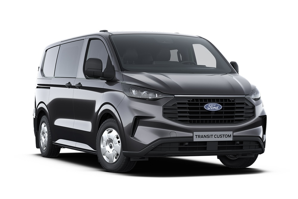 Egy sötétszürke Ford Transit Custom Trend duplakabinos áruszállító. 
