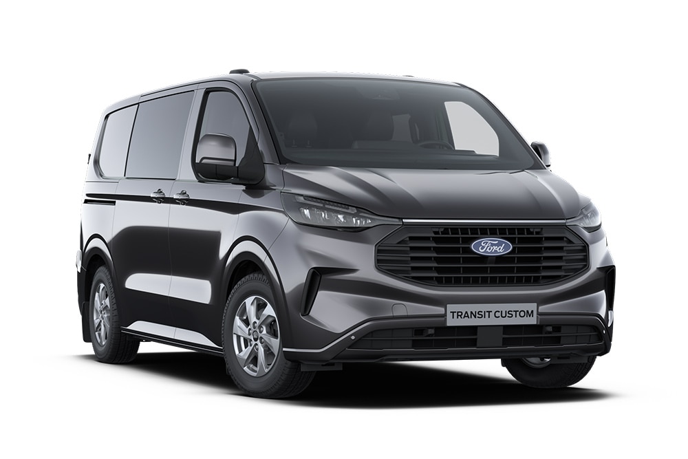 Egy sötétszürke Ford Transit Custom Limited duplakabinos áruszállító.