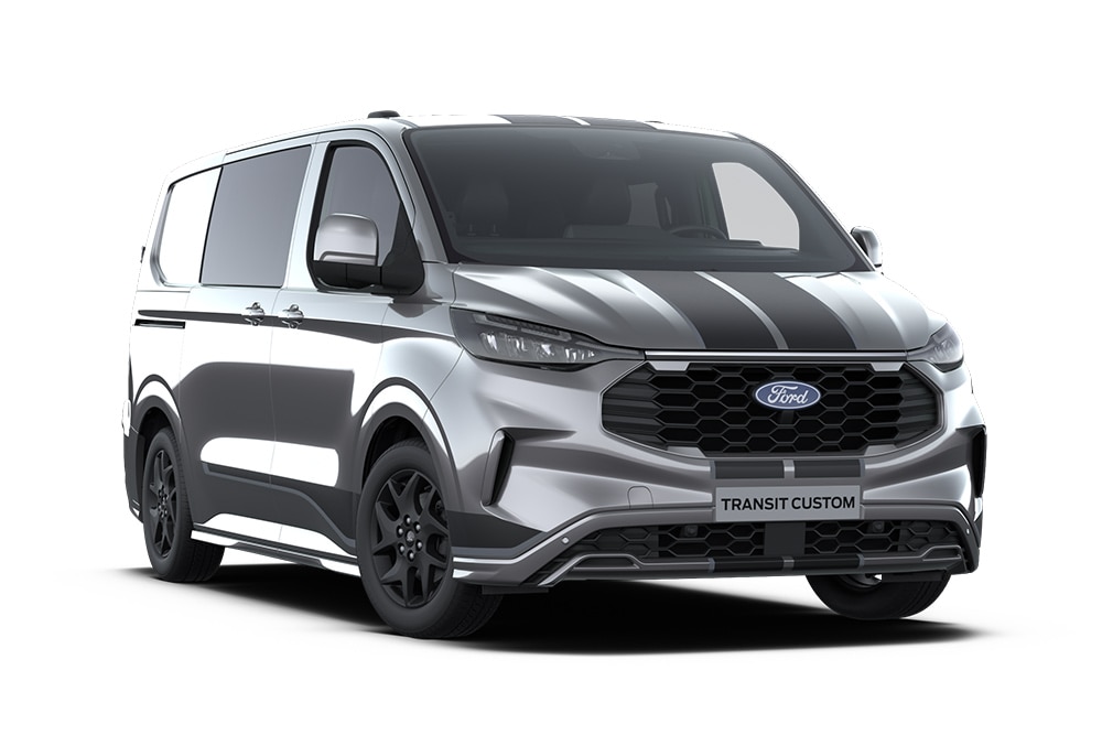 Egy sötétszürke Ford Transit Custom Sport duplakabinos áruszállító kék dekorcsíkokkal.