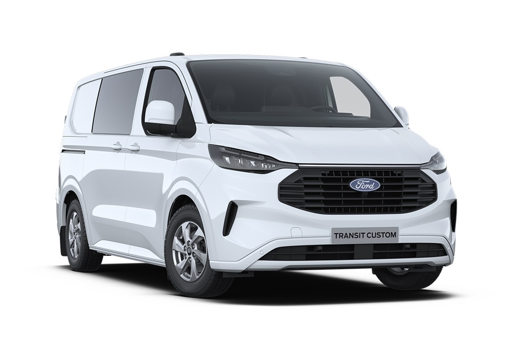 Fehér Ford Transit Custom duplakabinos áruszállító.