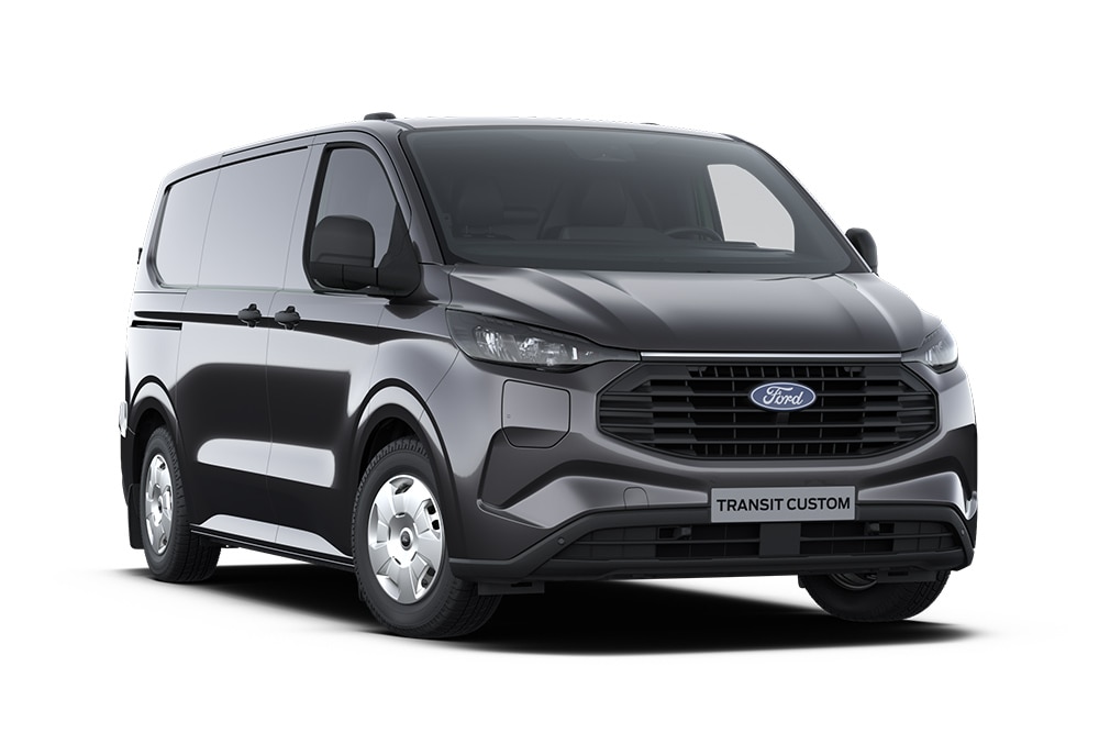 Egy sötétszürke Ford Transit Custom PHEV Trend.