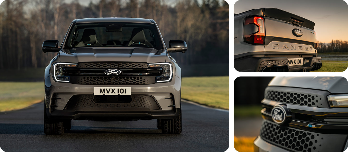 Közvetlen közelről látjuk a Ford Ranger MS-RT merész hűtőrácsát.