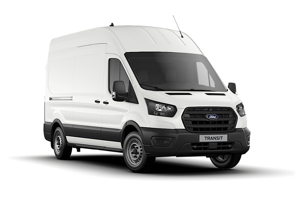 Egy fehér alapfelszereltségű Ford Transit Van.