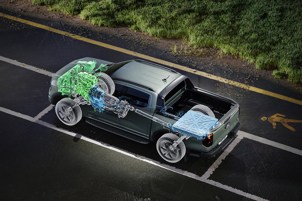 Egy füves mező mellett parkoló Ford Ranger belső nézetét látjuk, középpontban a belső mechanika.